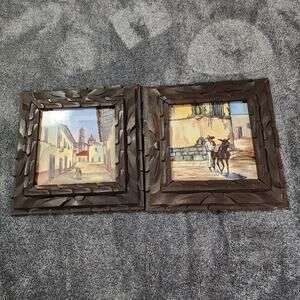 Set of 2 framed painted Mexican tiles signed by artist Maria Cardenas  b38